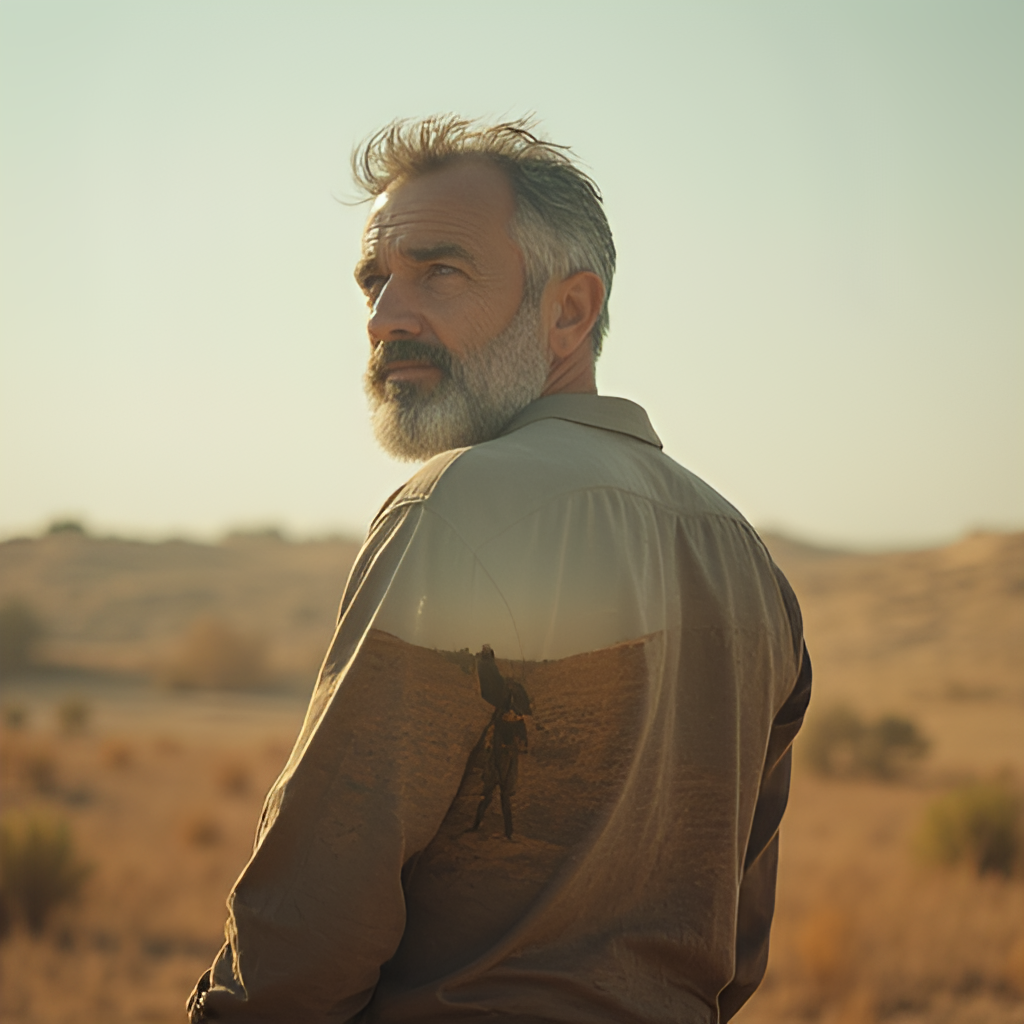 A father figure looking determinedly into the distance, overlaid with faint, hopeful imagery of a family reunion, set against a backdrop hinting at the Israeli landscape. Style: evocative, slightly symbolic.