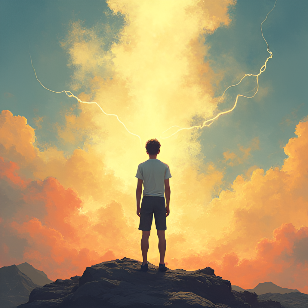 An illustration showing a person standing strong and resilient against a challenging backdrop, symbolizing courage and the return to life after trauma.