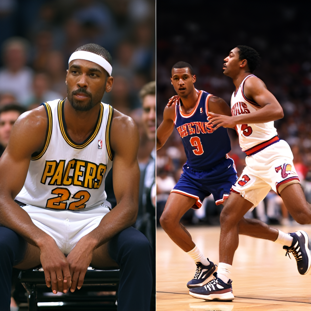 A split image showing a vintage photo of Reggie Miller interacting with Spike Lee courtside during a Pacers vs Knicks game from the 1990s on one side, and a modern photo of Jalen Brunson and Tyrese Haliburton competing during a recent playoff game on the other side, emphasizing the multi-generational rivalry.