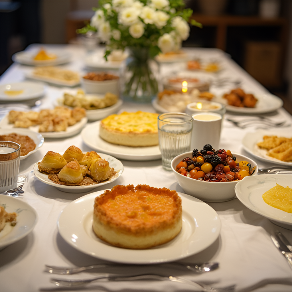 A close-up, inviting photograph of a beautifully arranged table laden with a variety of delicious dairy dishes, such as a classic cheesecake, blintzes, and a savory quiche, set for a festive Shavuot meal.
