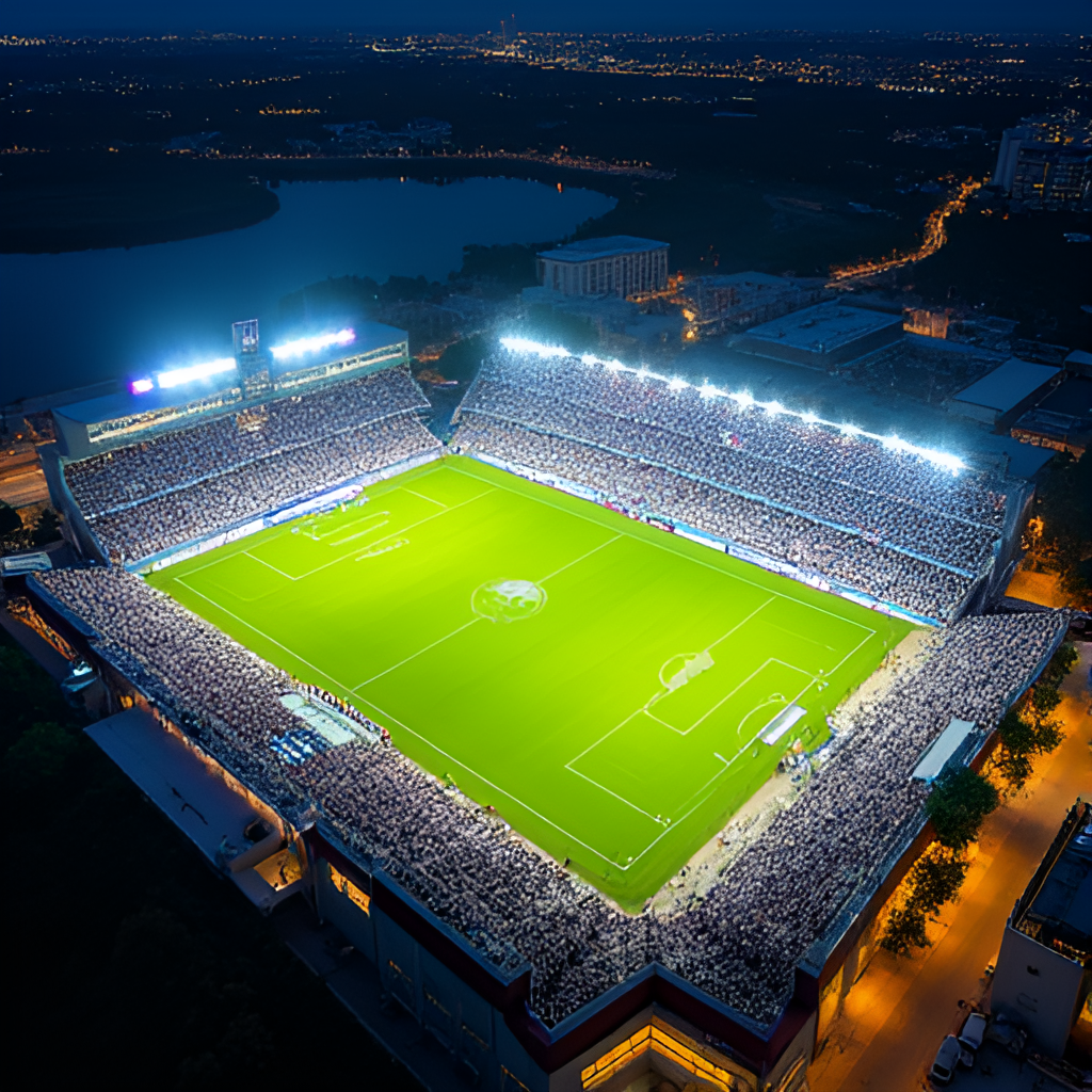 A dynamic and vibrant aerial shot of Chase Stadium during an Inter Miami CF match, showcasing the packed stands, the floodlit pitch, and the surrounding facility in Fort Lauderdale.