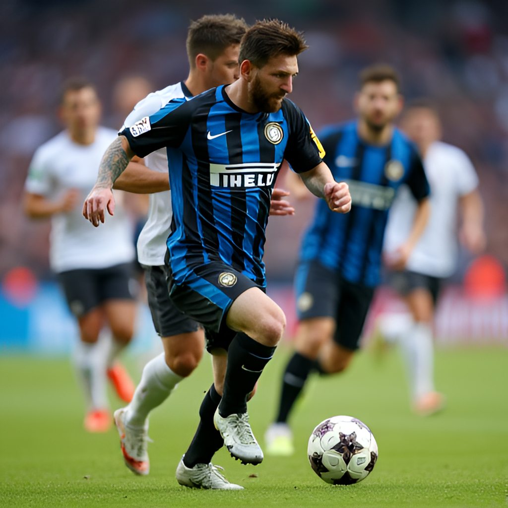 A close-up action shot of Lionel Messi in an Inter Miami CF jersey, dribbling past opponents on the pitch, capturing his intensity and skill, with other players in the background.