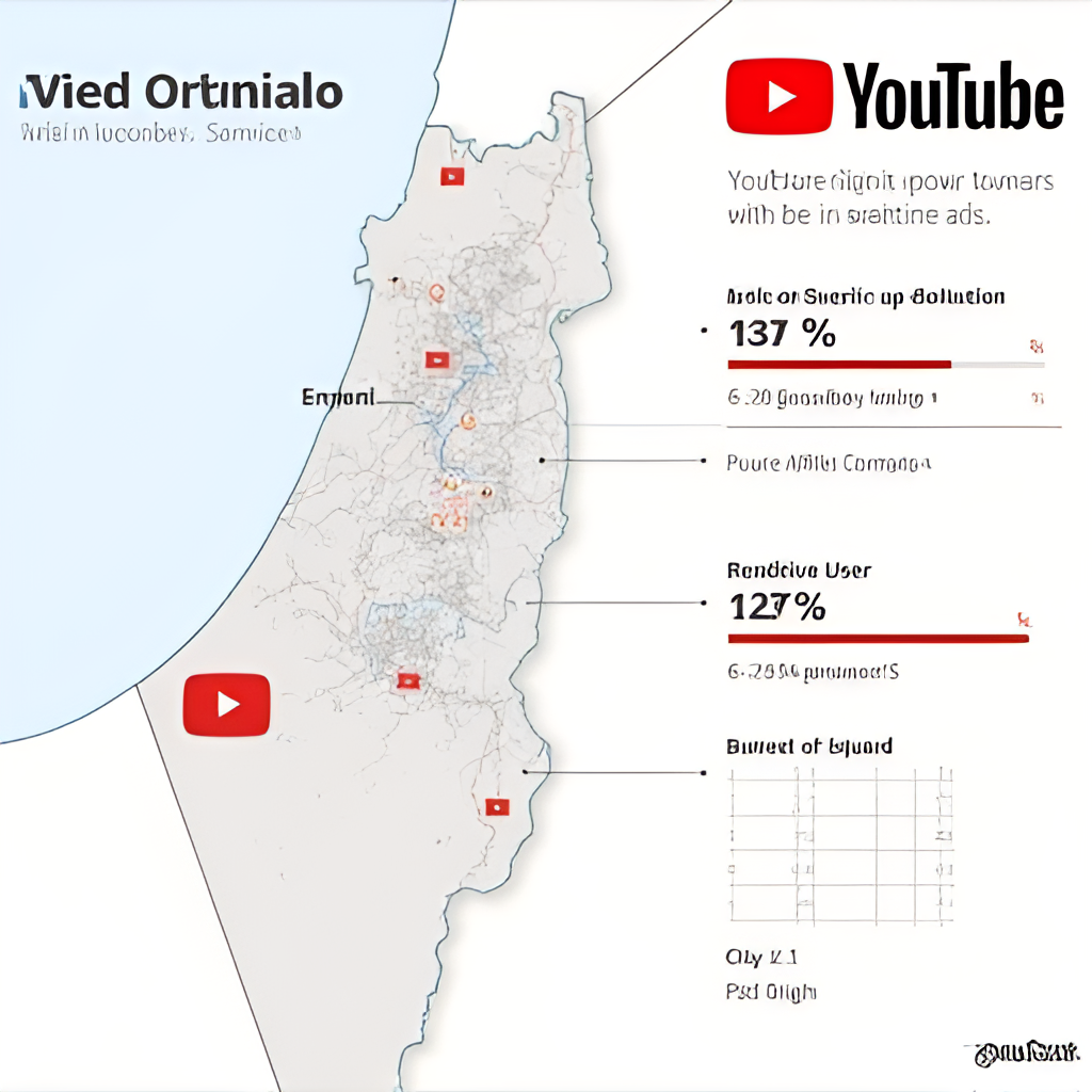 A graphic illustrating statistics related to YouTube usage in Israel, perhaps showing charts or graphs representing user percentages and demographics, with a map of Israel in the background and YouTube logo integrated.
