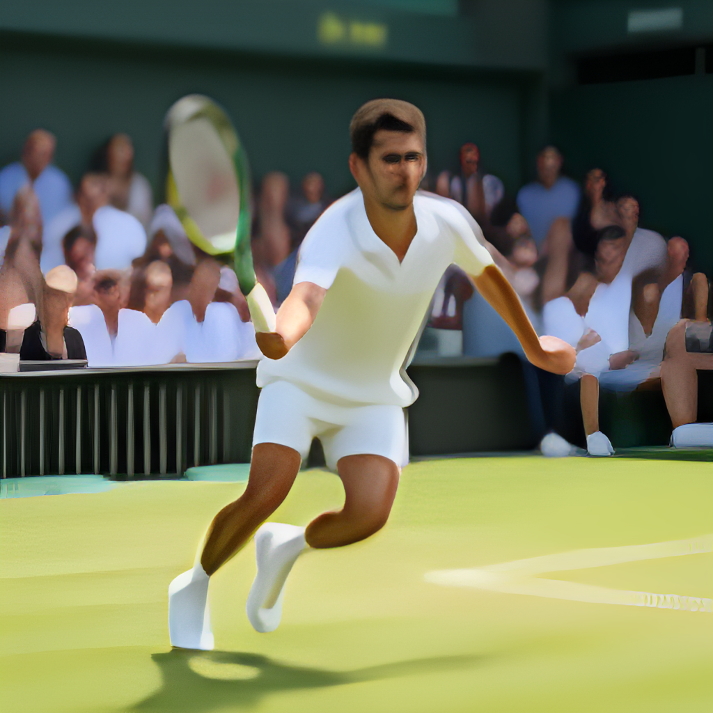 An action shot capturing Carlos Alcaraz executing a delicate drop shot on a grass court at Wimbledon. The image should highlight his touch and the surprised reaction of an opponent in the background (blurred).