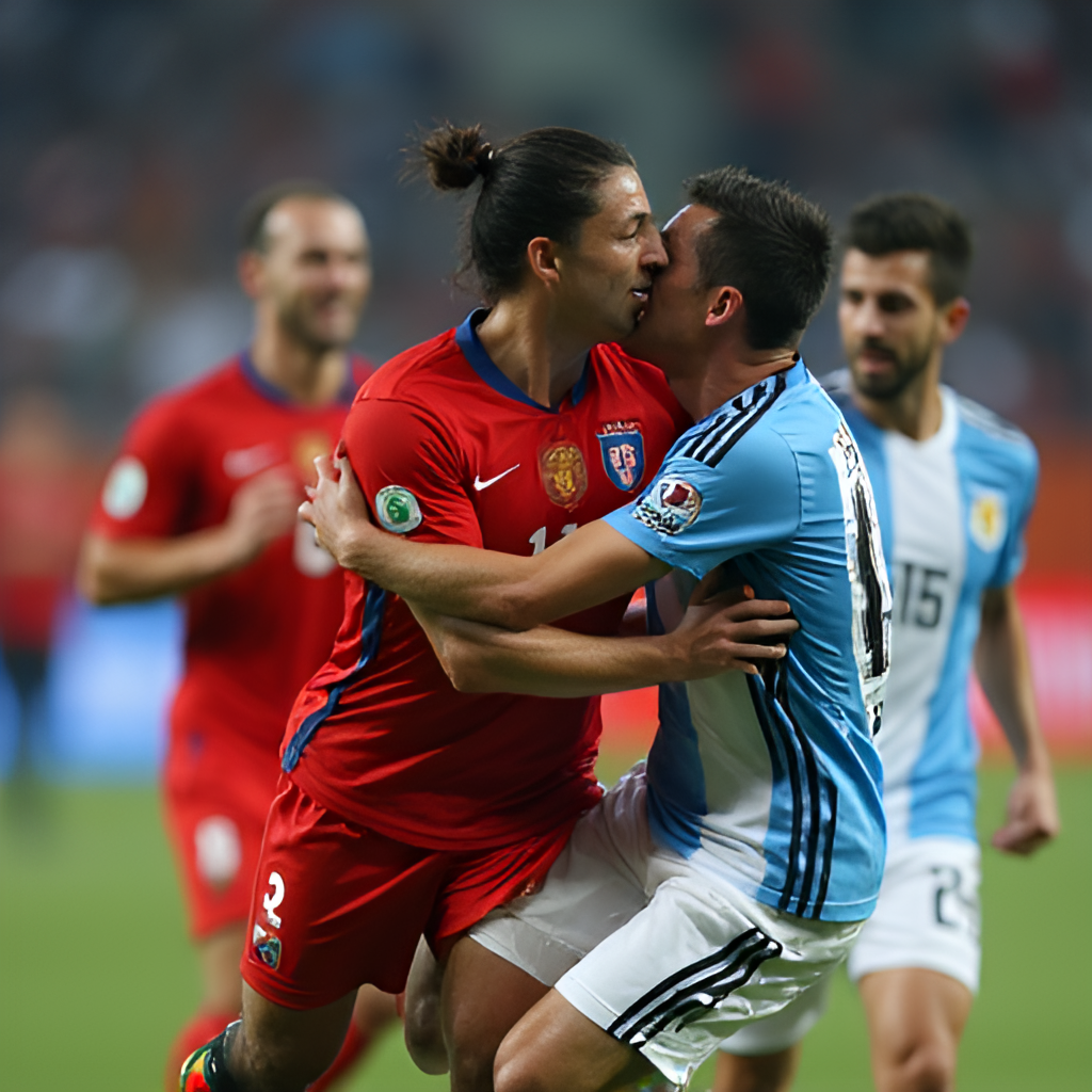 A close-up, dramatic photo of a key moment during a Chile vs Argentina football match, potentially showing a player celebrating a goal or a tense confrontation between rivals, capturing the intensity and emotion of the game.