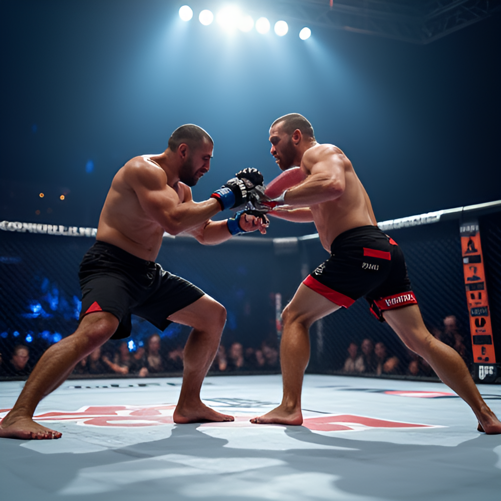 A dynamic, wide-angle shot looking into the UFC Octagon during a fight, showing two fighters engaged in a striking exchange under bright lights with a blurred crowd in the background. Style: High-energy, photorealistic.