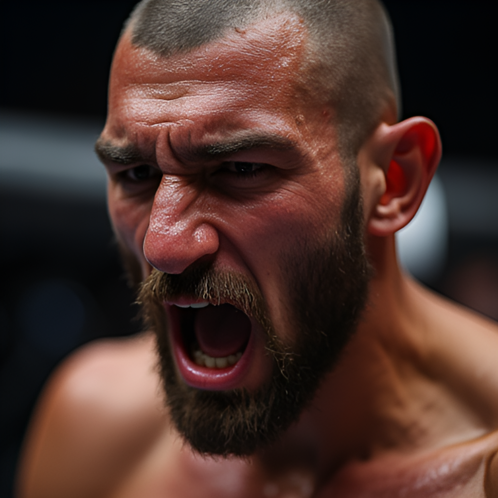 A close-up, intense portrait of a UFC fighter after a victory, showing sweat, determination, and emotion on their face. Style: Gritty, powerful, photorealistic.