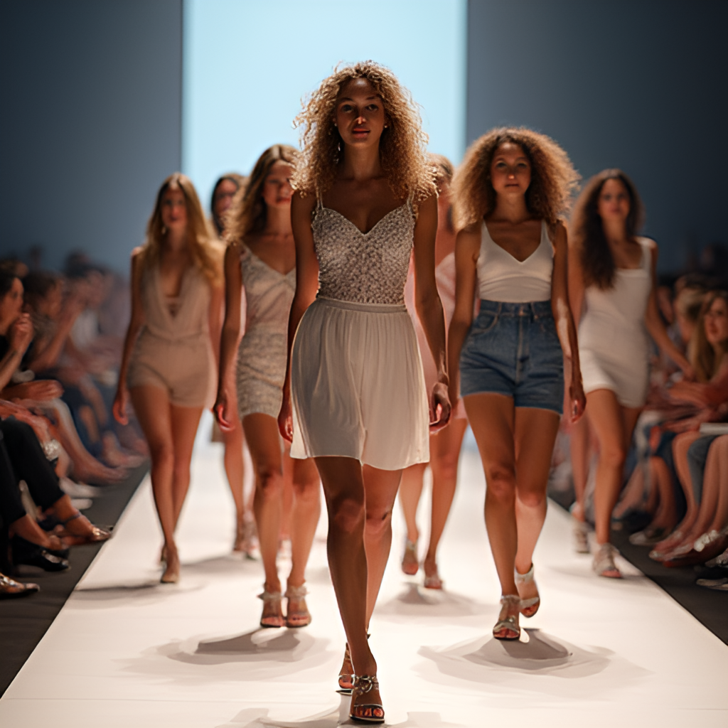 A vibrant, artistic photo showing a diverse group of young people confidently walking a fashion runway, symbolizing the dreams and aspirations in the Israeli modeling world, with a focus on potential and beginnings. Style: editorial, dynamic.