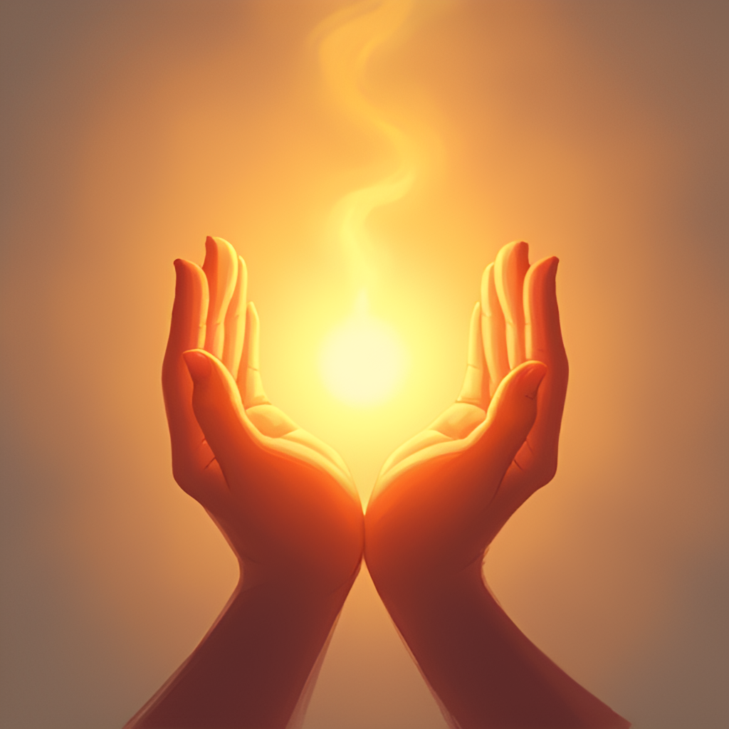 A warm, symbolic illustration depicting hands gently holding a single glowing light, representing hope, community support, and resilience in the face of adversity, against a soft, comforting background. Style: digital painting, empathetic.