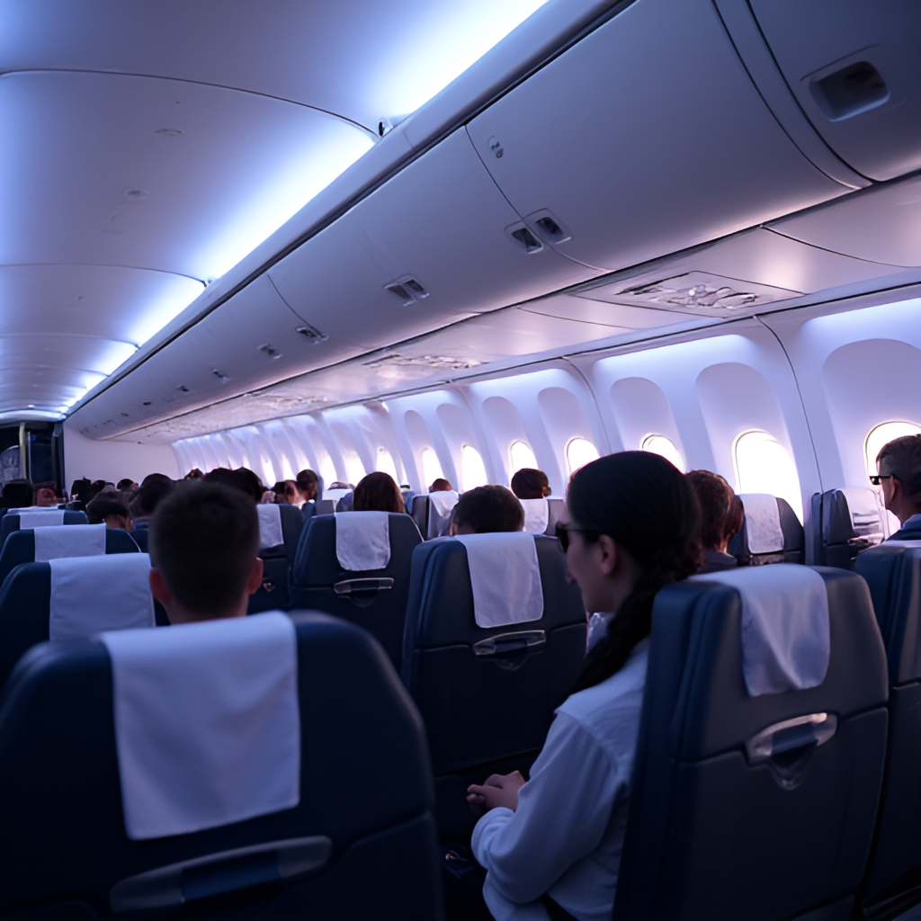 Detailed shot inside the Boeing 787 Dreamliner cabin, highlighting the large dimmable windows, spacious feel, and mood lighting, with passengers comfortably seated in modern seats.
