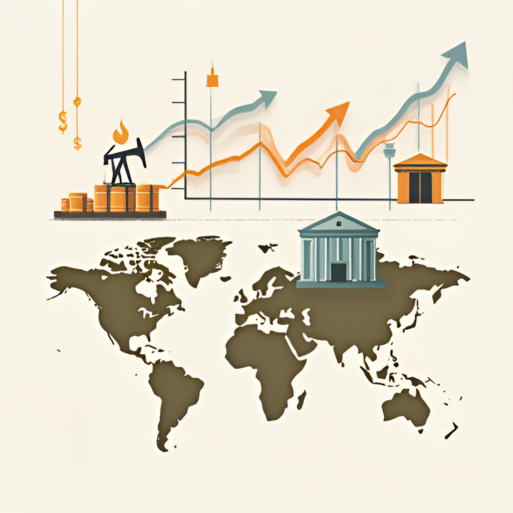 Conceptual image illustrating various factors influencing the exchange rate, such as oil barrels, charts with arrows up and down, a central bank building, and a world map, possibly in a collage style.