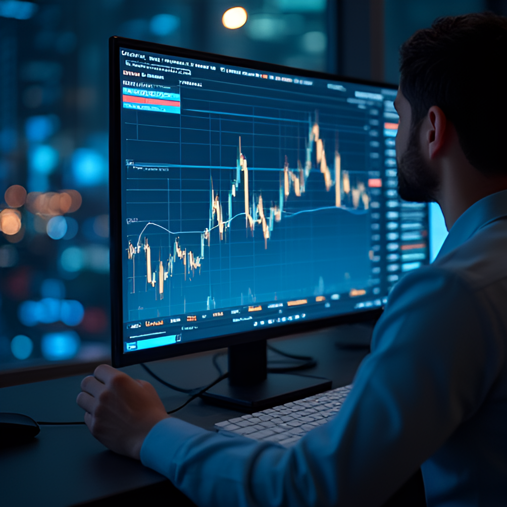 Image showing a person looking at a screen with currency exchange charts, perhaps with some abstract financial data overlays, conveying the idea of tracking and analyzing currency movements.