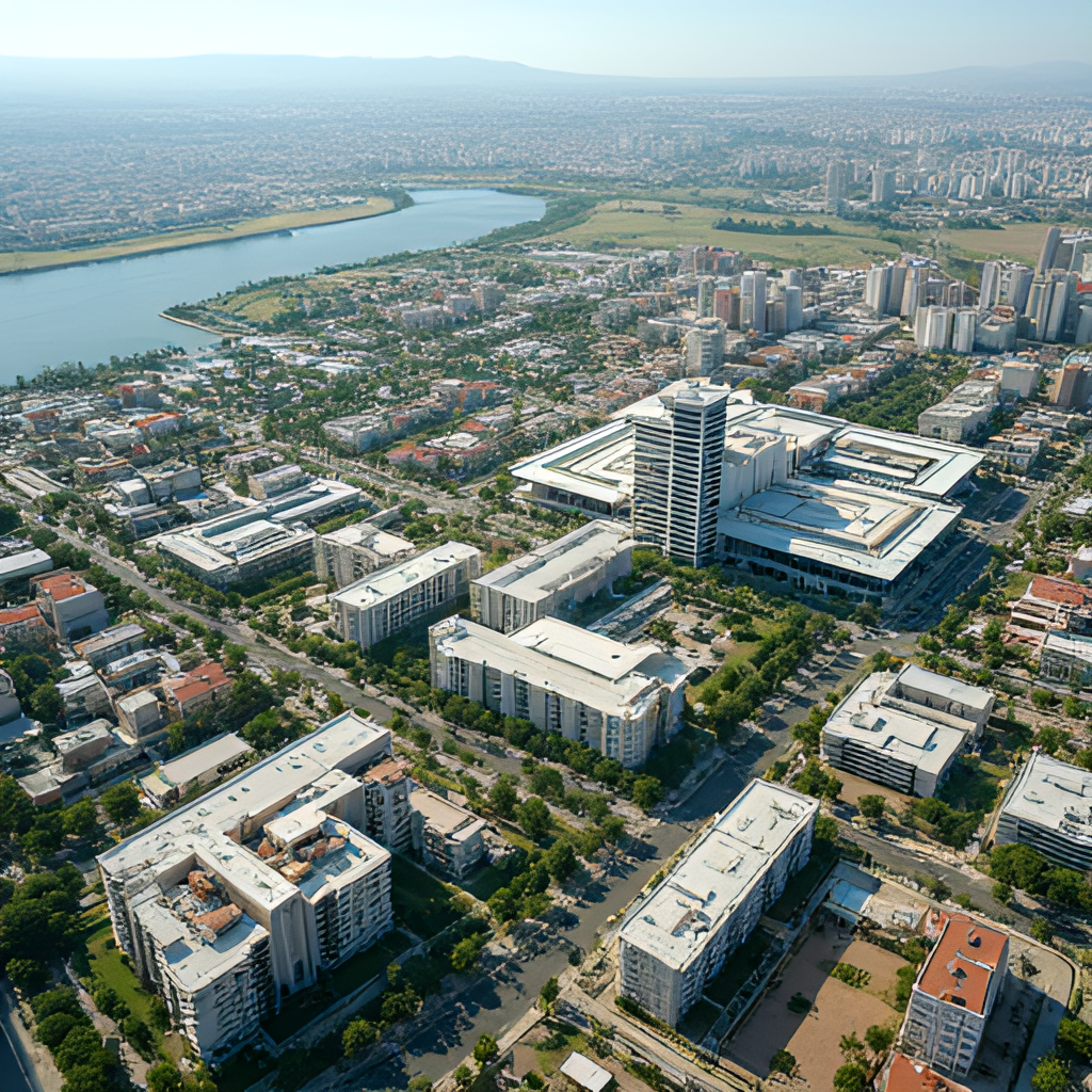A vibrant aerial view of the modern western part of Rishon LeZion, showing large commercial centers, parks, and residential buildings, contrasting with a hint of green areas in the background, captured on a sunny day.