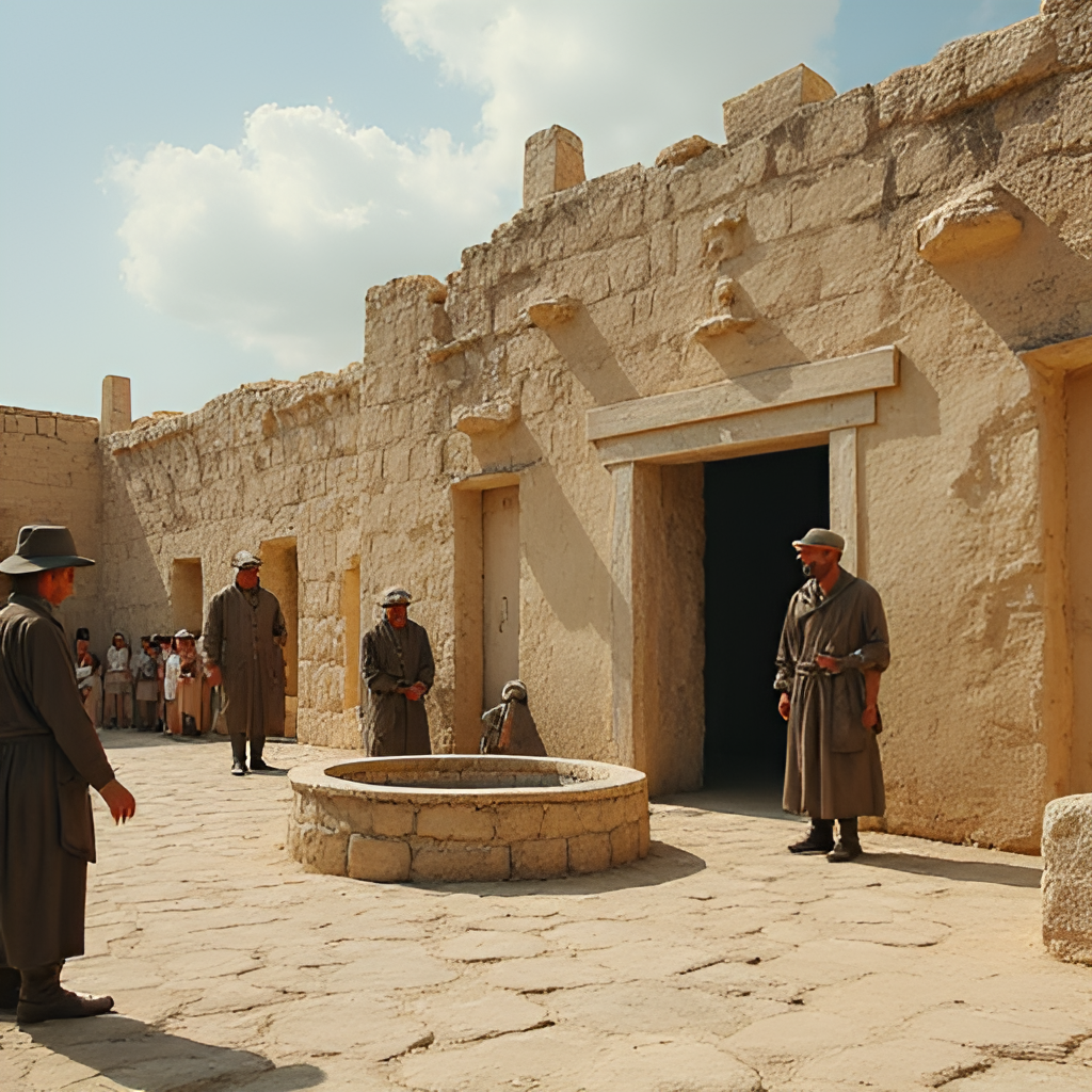 A historical image of the 'Bears of the Founders' in Rishon LeZion, showing the iconic water well with historical figures or a modern depiction of the well in a historical context, emphasizing its significance.