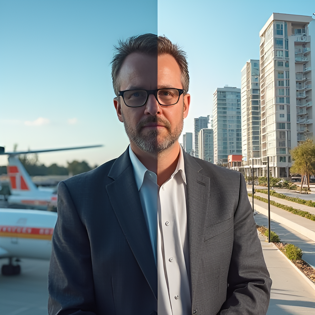 A split image: one side showing a journalist (representing Dean Fisher) reporting from an airport or bus station (transportation/tourism beat), and the other side showing buildings or a construction site (real estate beat). Style should be realistic.