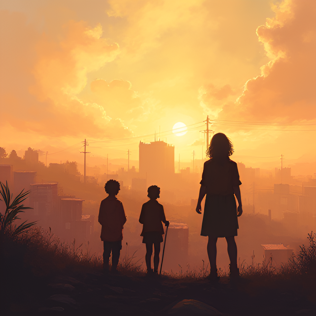 A poignant and hopeful illustration depicting a person (representing Zvika Tessler) standing with members of a community (perhaps silhouetted or seen from behind), overlooking a rebuilding landscape, symbolizing the recovery and leadership role in Nir Oz after a tragedy. Style: symbolic, emotive, digital painting with warm, resilient colors.