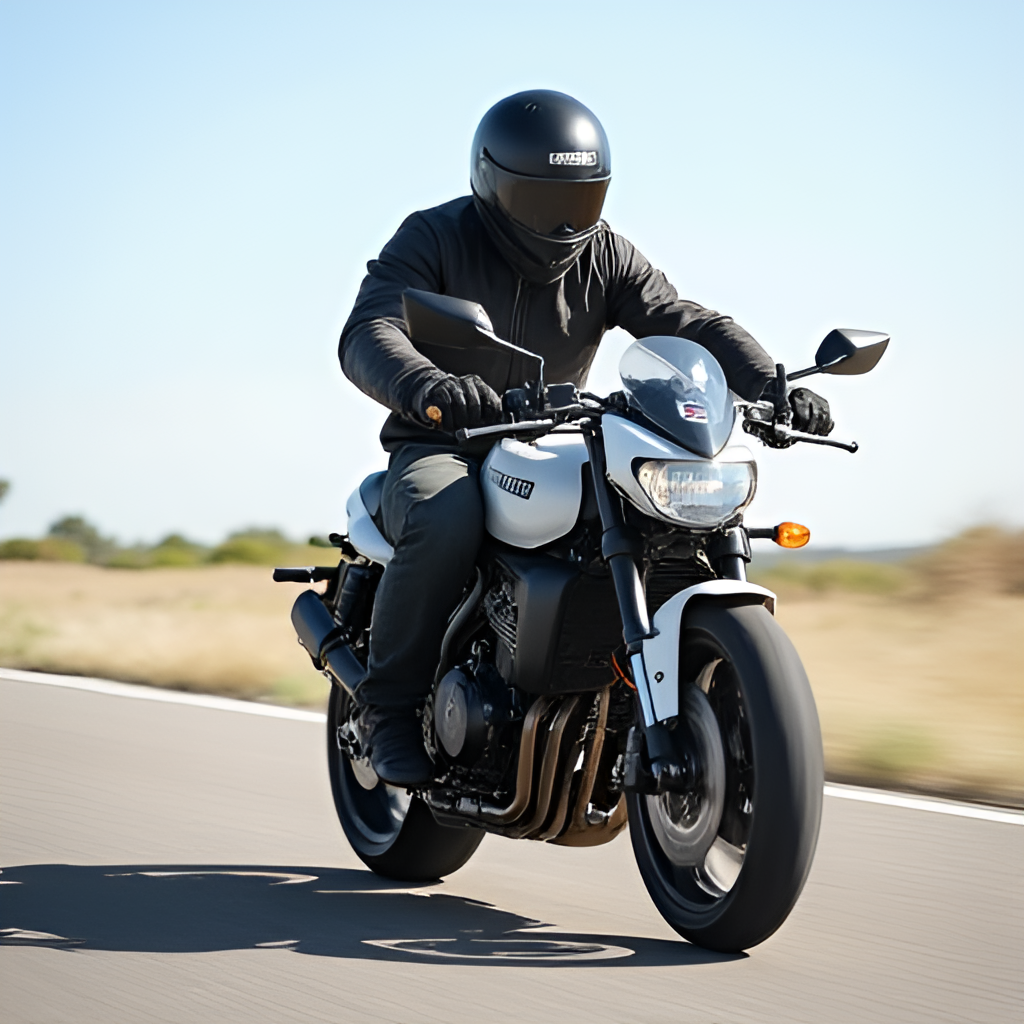 An action shot of Danny Kushmaro riding a motorcycle, wearing appropriate gear, on an open road or track, conveying his passion for motorcycles outside of his journalistic work.