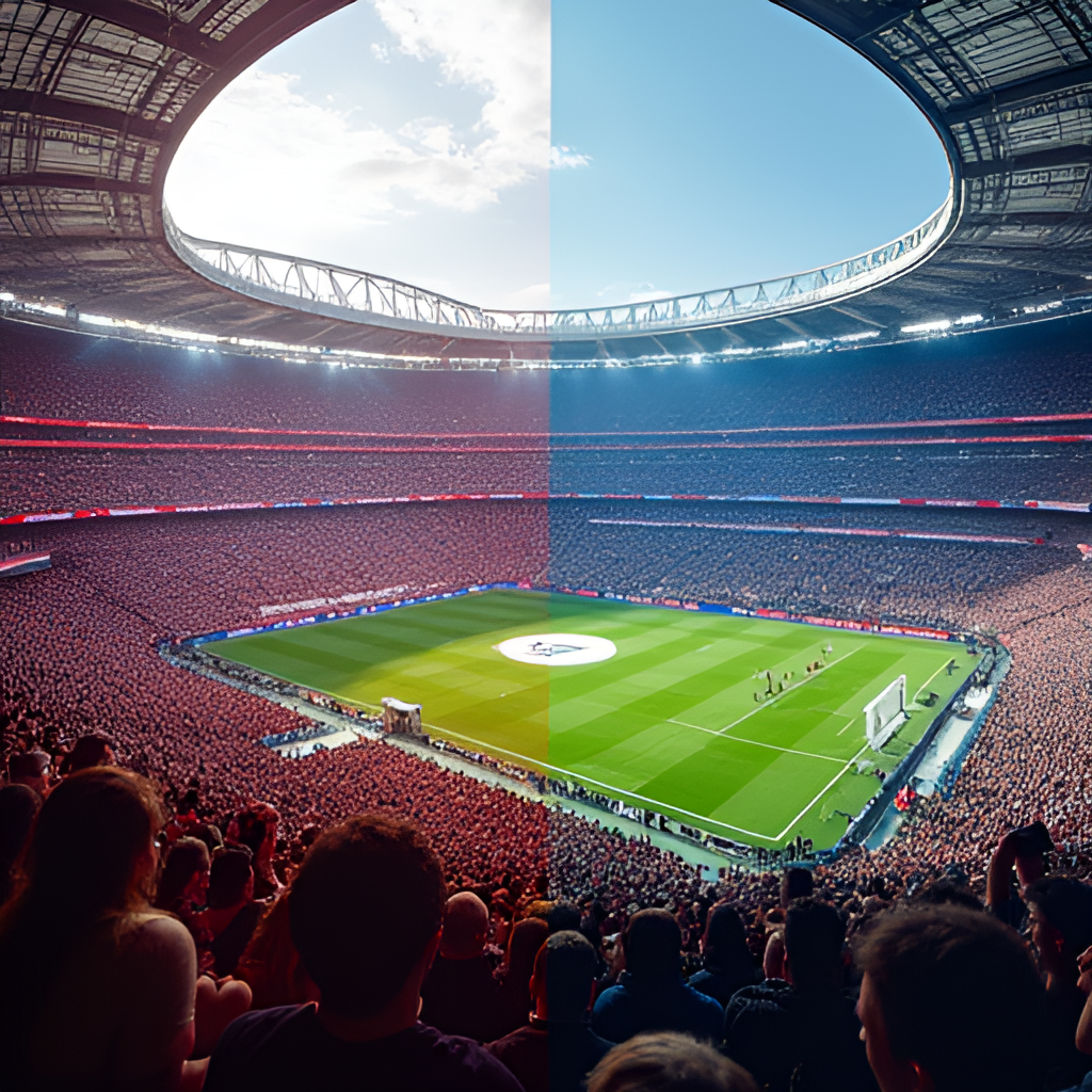 A split image showing the Allianz Arena filled with cheering Bayern Munich fans on one side and La Bombonera stadium with passionate Boca Juniors fans on the other, representing the clash of fan cultures.