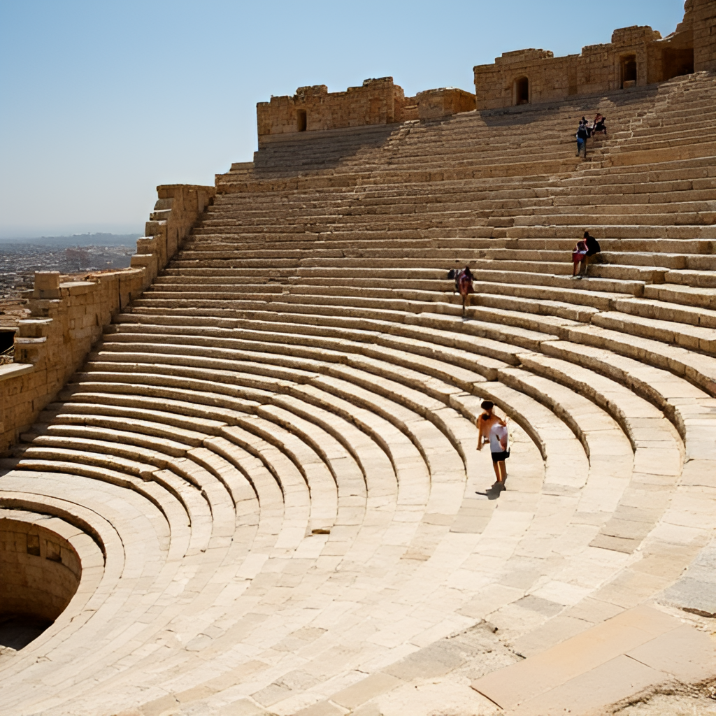 Close-up view of the remarkably preserved Roman theatre in Beit She'an, with visitors sitting on the stone steps, conveying a sense of scale and historical connection.