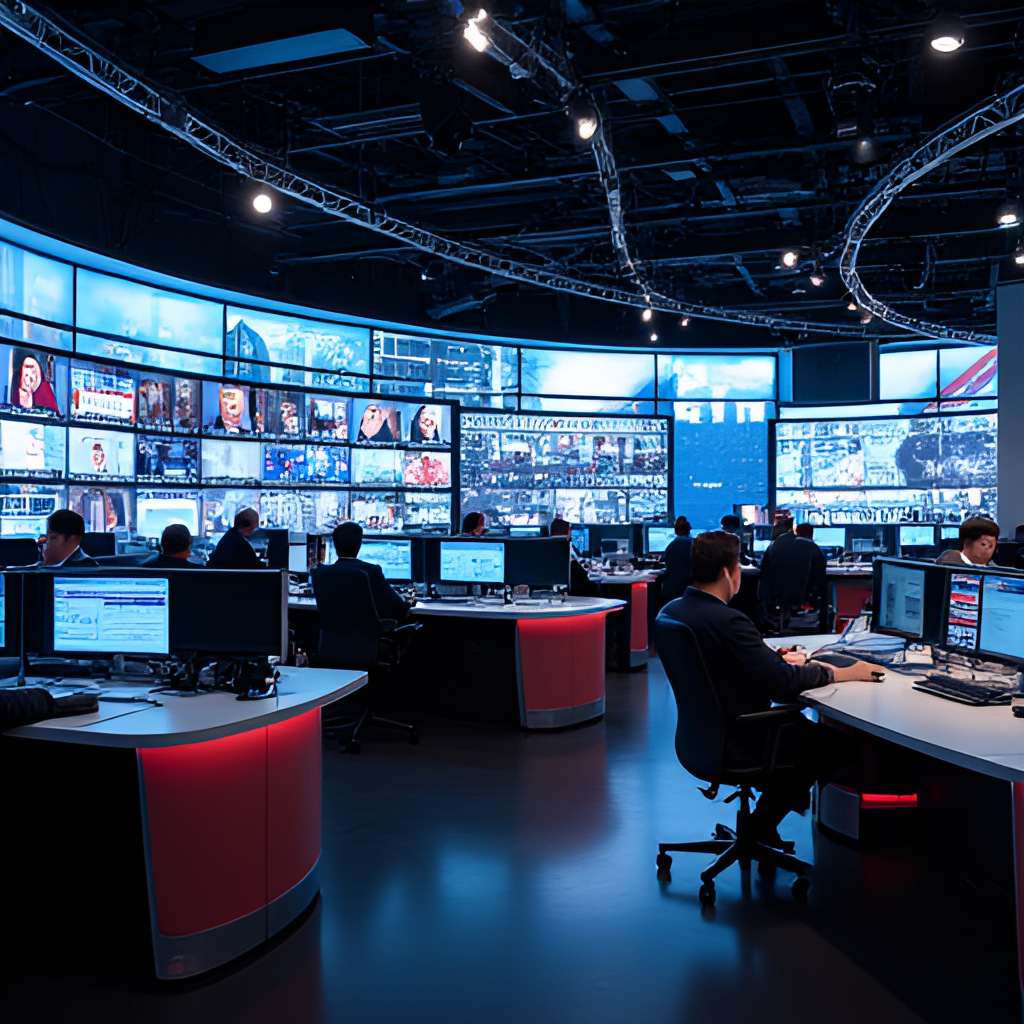 A dynamic, wide shot of a busy newsroom with multiple screens displaying news headlines and data, capturing the fast-paced environment of a global news network like CNN, with journalists working at desks and large video walls in the background. Style: Photo-realistic.