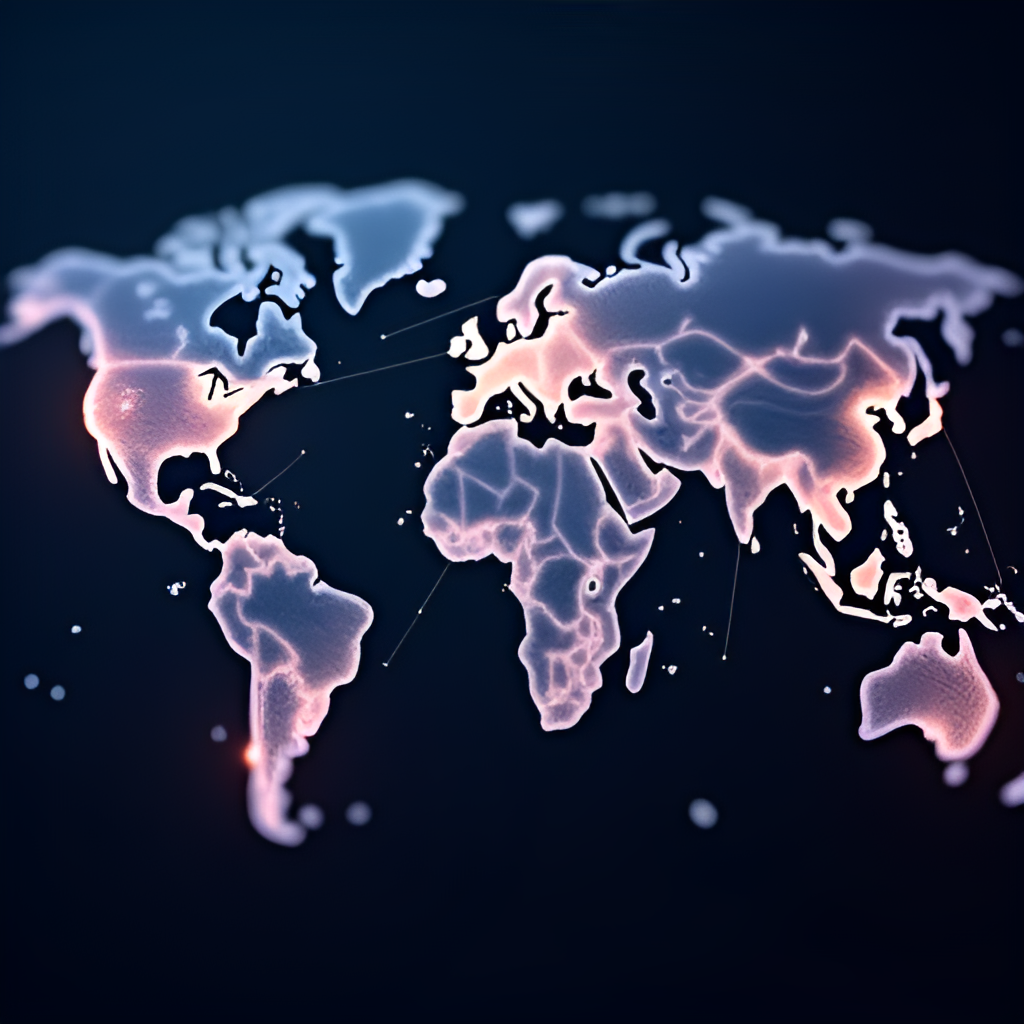 An image depicting a world map overlaid with glowing network lines connecting major cities, symbolizing CNN's global reach and its role in connecting international news stories. Style: Digital illustration, abstract.
