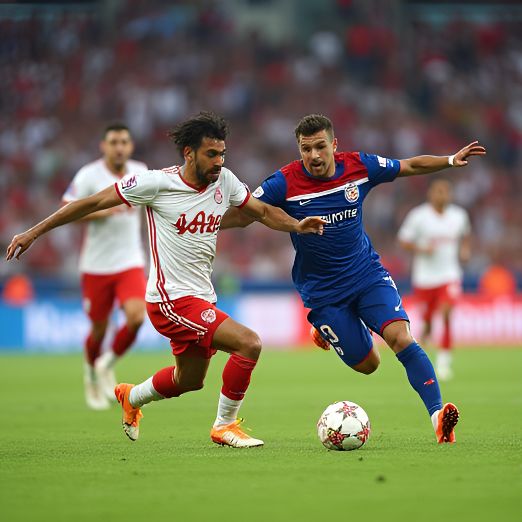 A dynamic shot from the 2025 FIFA Club World Cup match between Bayern Munich and Boca Juniors in Miami, capturing Michael Olise celebrating his winning goal or a tackle in midfield illustrating the intensity, with fans in the stands.