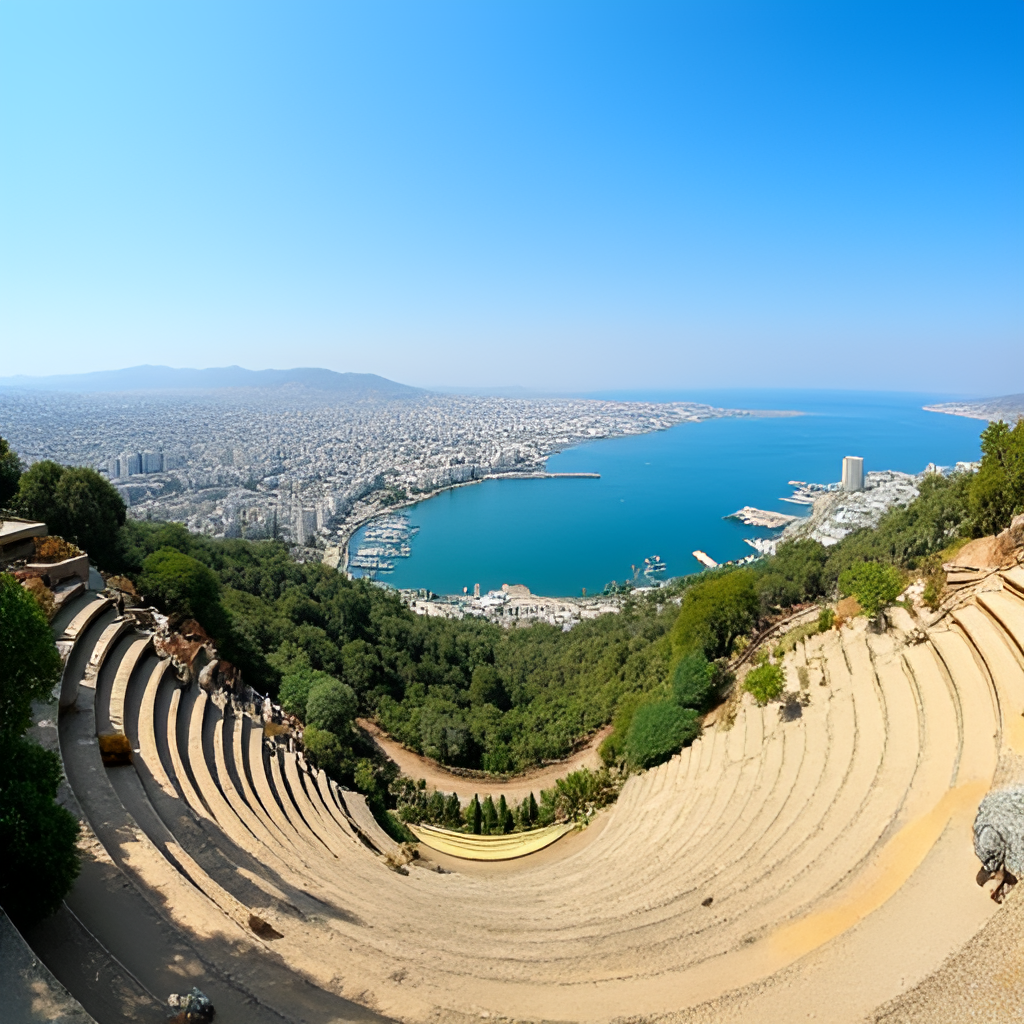 A wide shot panoramic photo showing the multi-layered nature of Haifa, with the Bahai Gardens terraces in the foreground climbing up the Carmel mountain, the city buildings on the slopes, and the Haifa Bay and port visible in the background, under a clear blue sky.