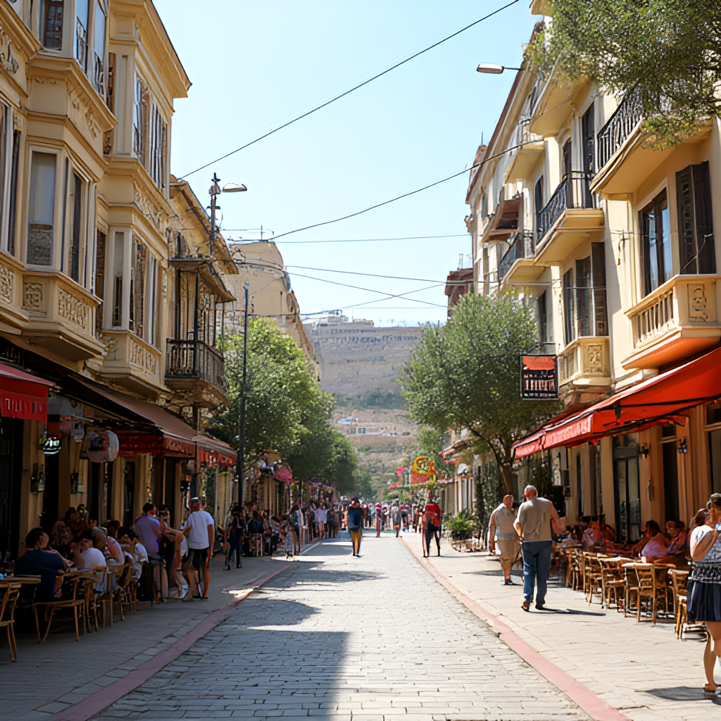 A vibrant street scene in the German Colony or Downtown Haifa, showing historic Templer buildings with cafes or restaurants spilling onto the sidewalk, people enjoying the atmosphere, and perhaps a glimpse of the Bahai Gardens terraces at the end of the street.