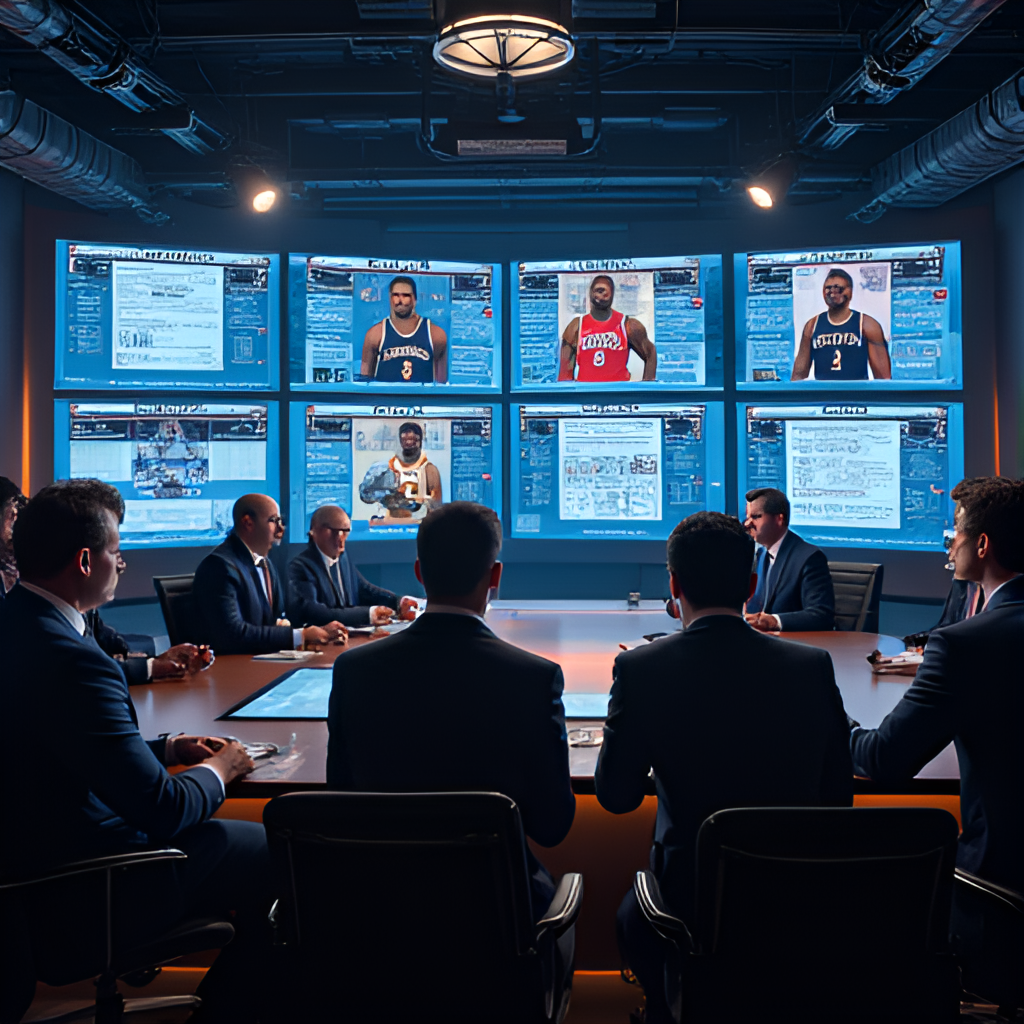 A visual metaphor depicting team executives in a war room setting, looking at scouting reports and player profiles on screens, symbolizing the strategic decision-making process during the NBA draft.