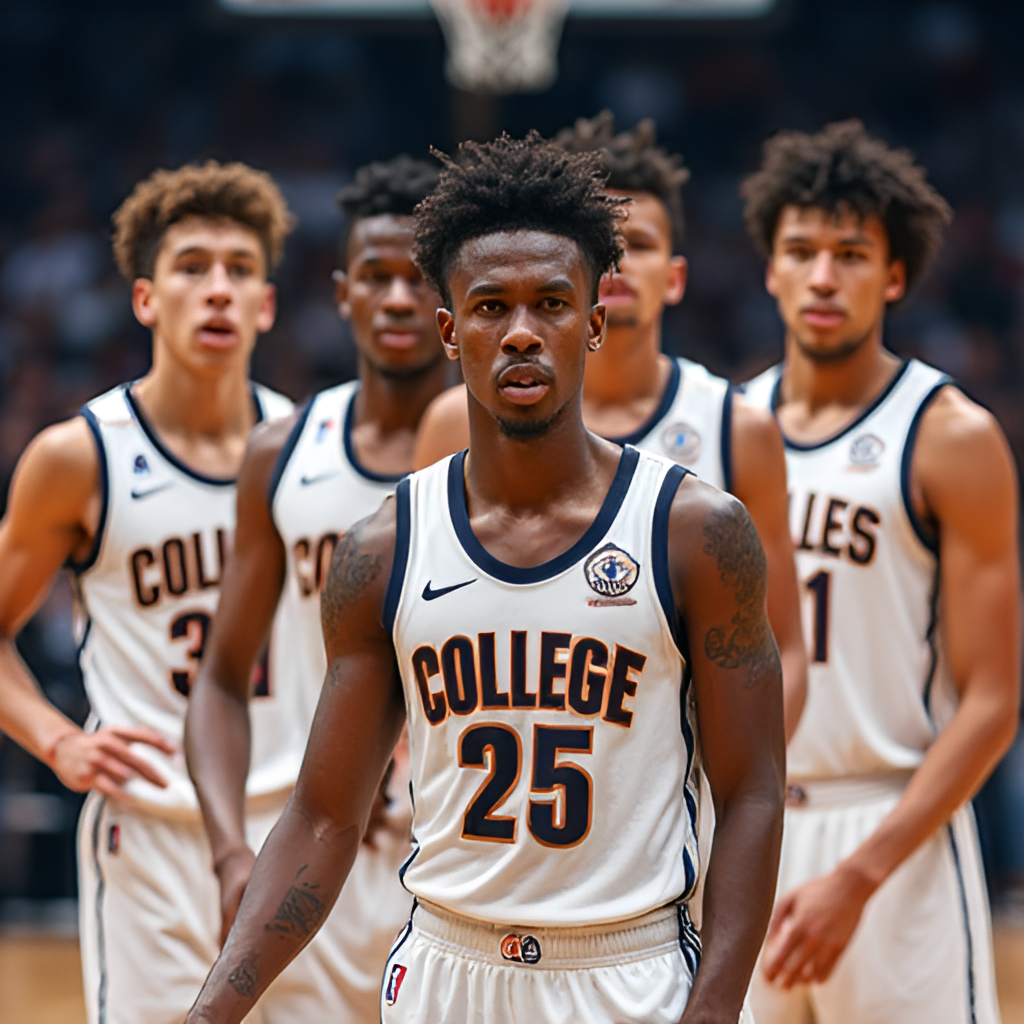 A composite image showing multiple young, diverse basketball players in college or international uniforms, looking determined, symbolizing the global pool of talent entering the 2025 NBA Draft. The background is a blurred basketball court.