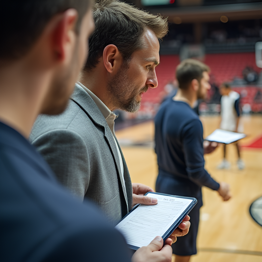 A close-up, high-angle shot showing a scout or team executive intently watching a basketball game or practice on a tablet, with notes scattered around and other scouts in the blurred background, emphasizing the evaluation process.