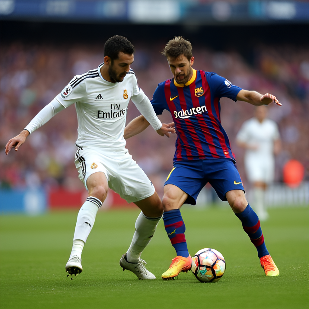 An intense moment from an El Clásico match between Real Madrid and Barcelona, showing players competing fiercely for the ball with a packed stadium in the background.