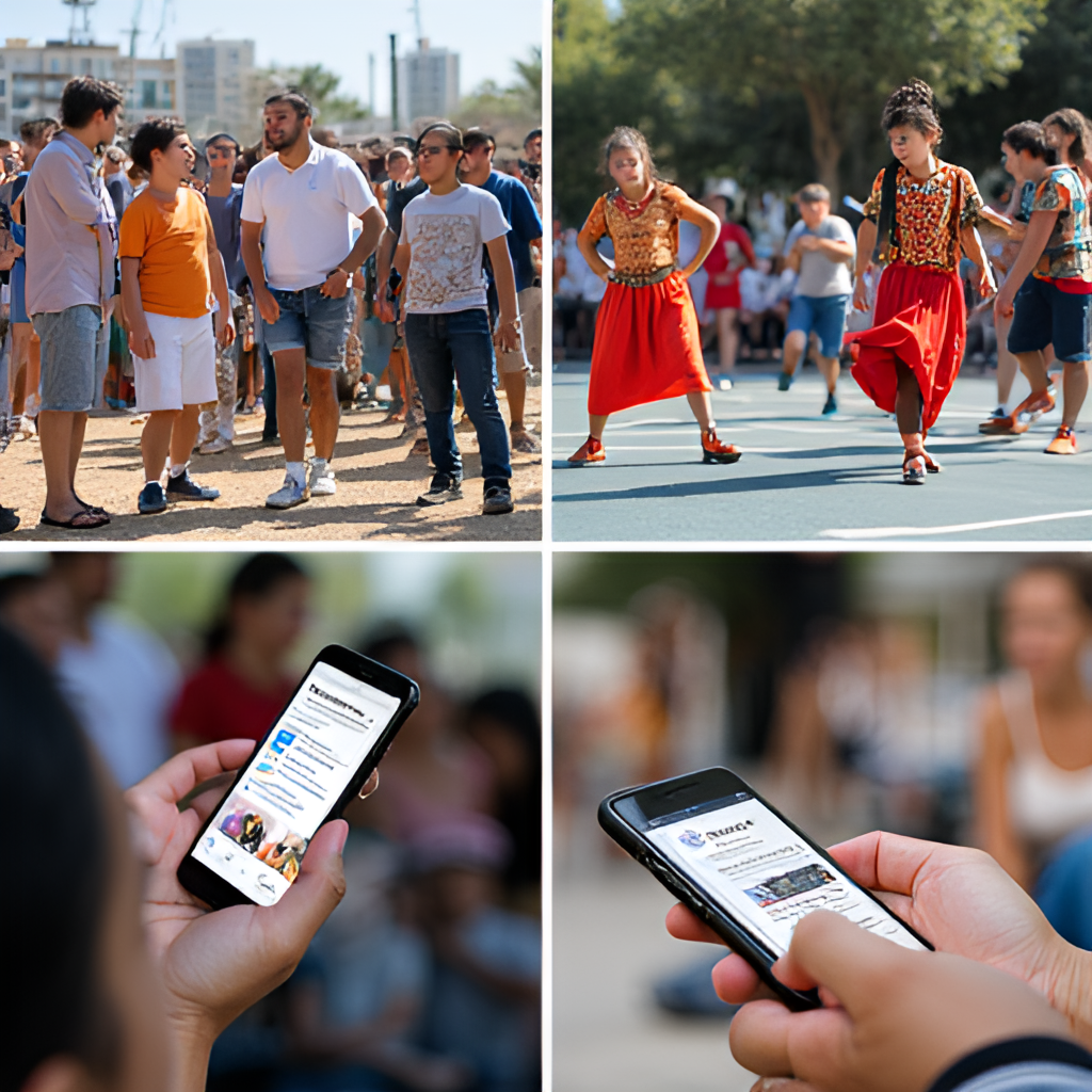 A photo collage showing different aspects of Ashdod life: a community event, a sports game, a cultural performance, and people reading news on mobile devices, symbolizing the diverse content covered by Ashdod Net.