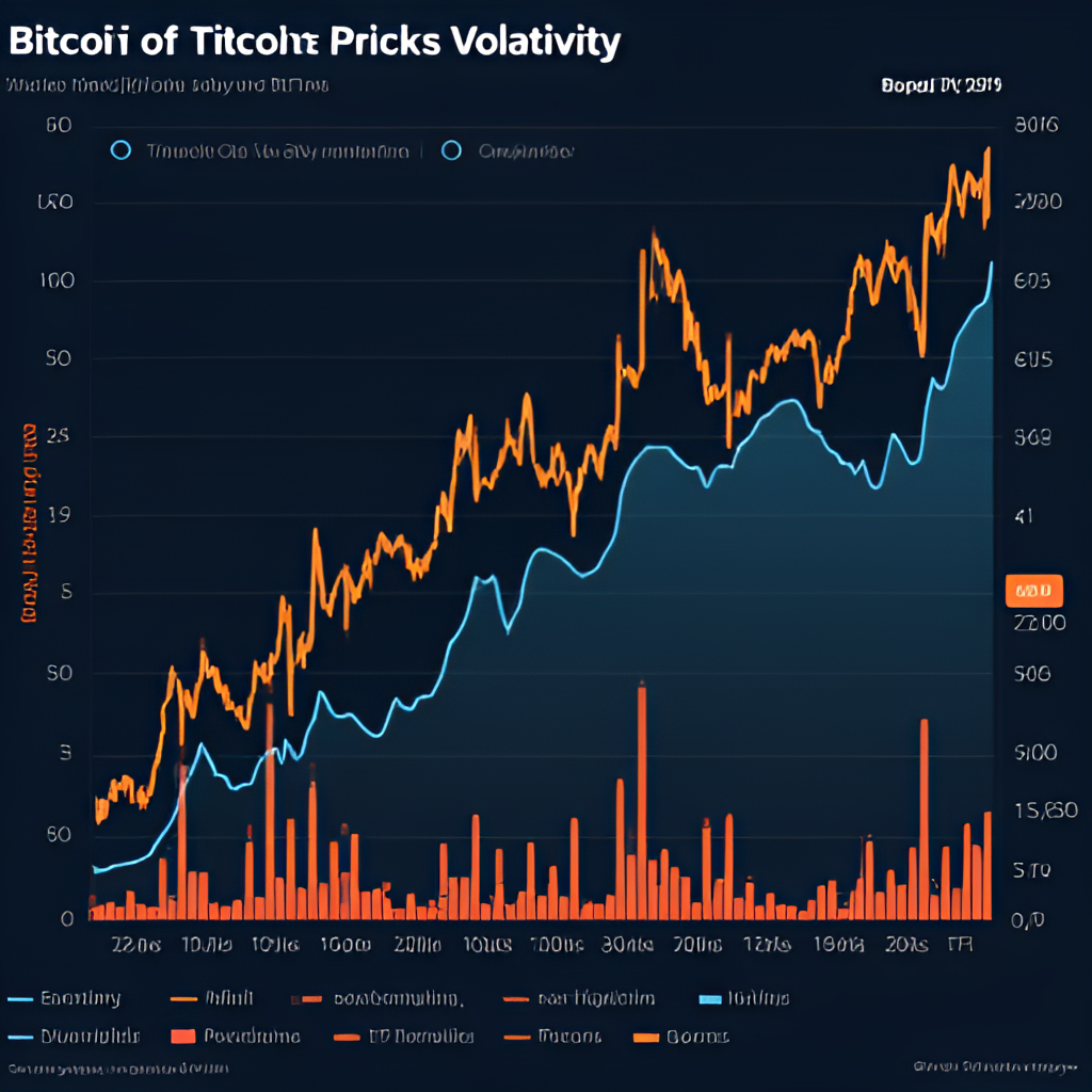 A dynamic chart showing Bitcoin's historical price volatility, with a clear upward trend over the long term punctuated by sharp peaks and drops. Include small icons representing key events like halvings or ETF approvals.