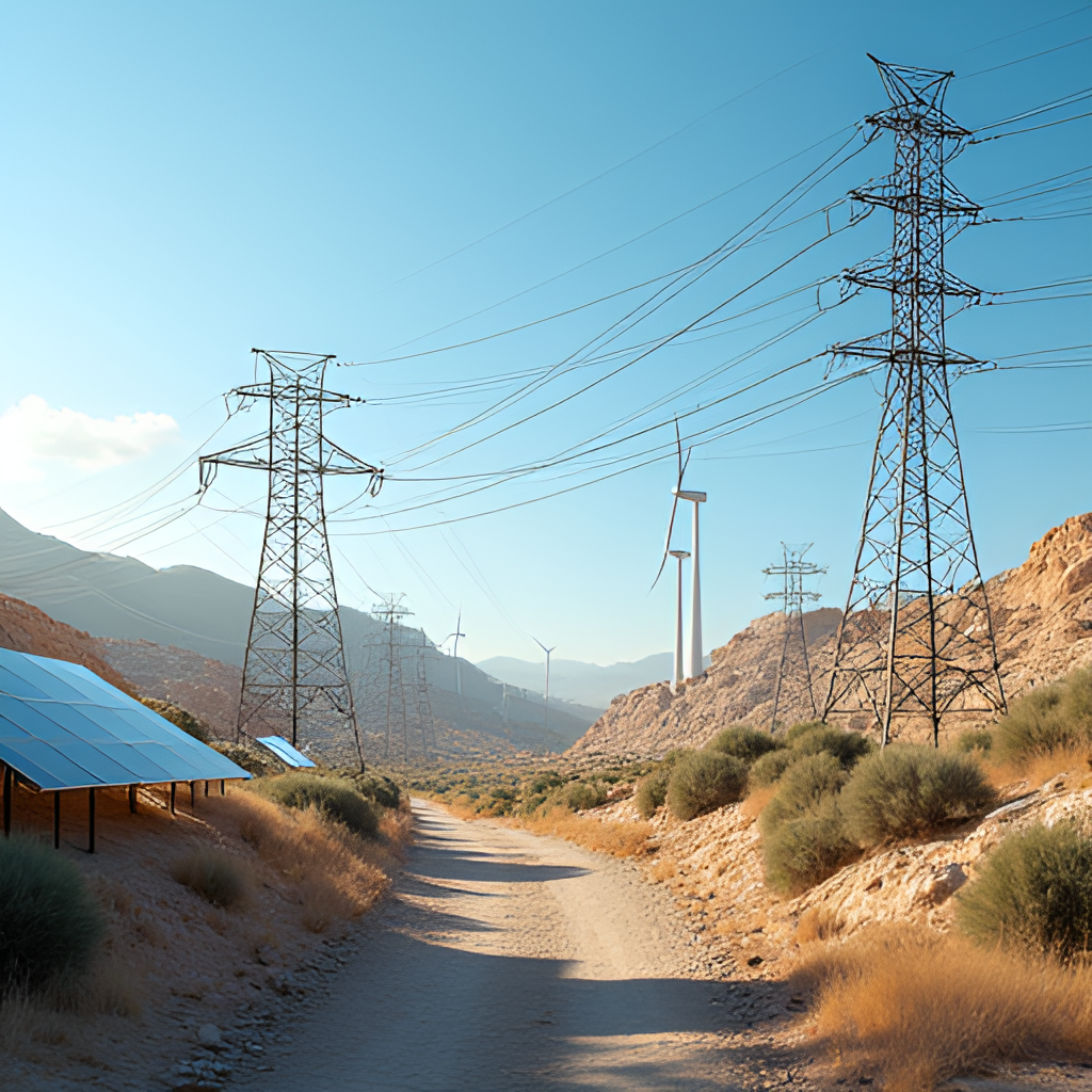 A modern, futuristic depiction of Israel's electricity grid, showing a blend of traditional power lines with renewable energy sources like solar panels and wind turbines, symbolizing the ongoing transition and technological advancement in the Israeli energy sector.
