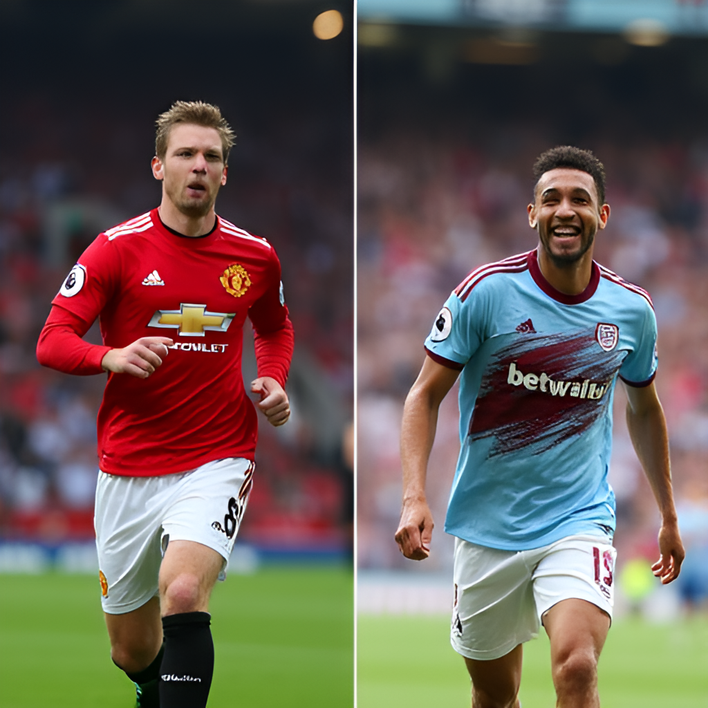 A split image showing contrasting iconic moments: on one side, a Manchester United player celebrating a goal in front of the Stretford End; on the other, a West Ham United player celebrating in front of the passionate claret and blue faithful at the London Stadium.