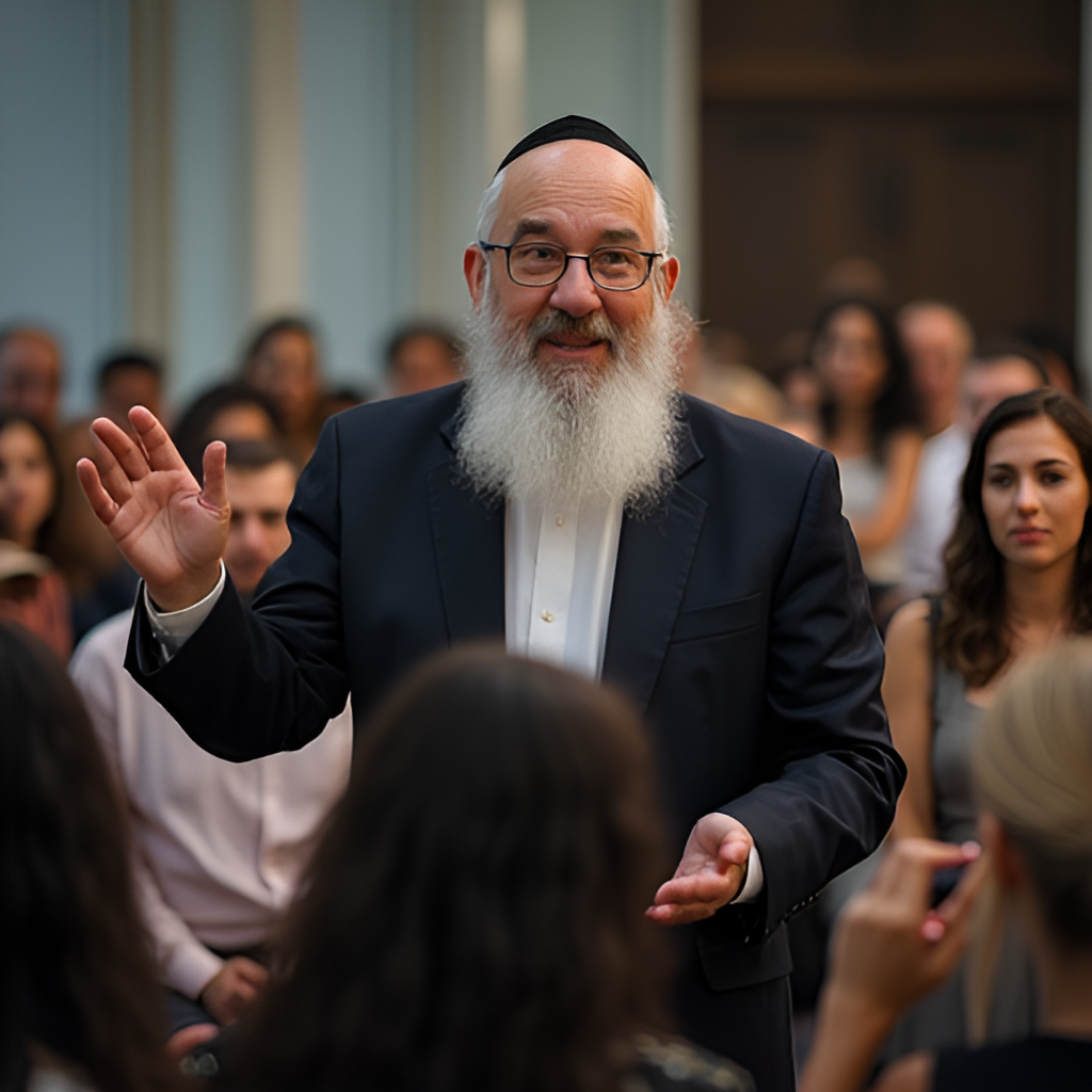 A dynamic image of Rabbi Yitzchak Fanger speaking to a diverse audience in a modern setting, with a warm, engaging smile, using expressive hand gestures. The audience is captivated, and elements suggesting humor and deep insight are subtly present, such as lighthearted expressions on faces and attentive gazes.
