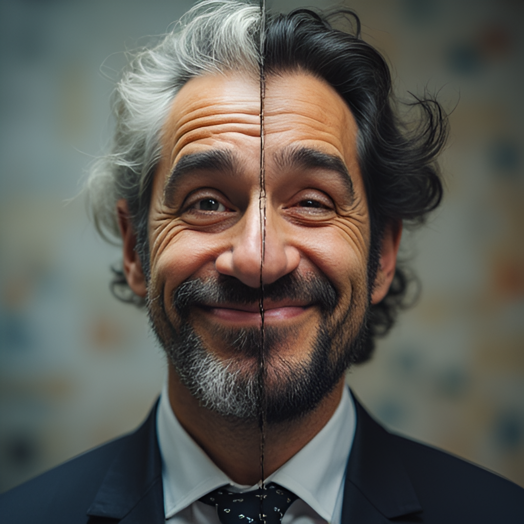 A thought-provoking image showcasing the multifaceted public perception of Noam Fathi. One side of the image could feature a humorous, light-hearted portrayal of him, perhaps with a mischievous smile. The other side could show a more serious, contemplative expression, with subtle background elements hinting at public debates or controversies (e.g., blurred news headlines, a stylized debate stage). The image should convey complexity and depth.