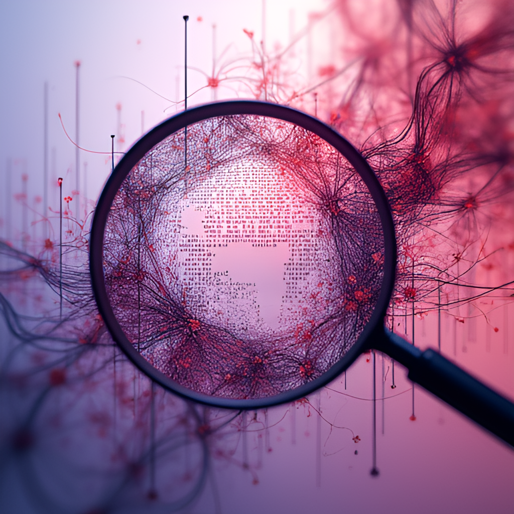 An abstract visualization of data bias and manipulation in political polling, showing distorted graphs and swirling lines, with an overlay of a magnifying glass highlighting skewed numbers. The color palette uses shades of purple and red to symbolize caution and complexity.