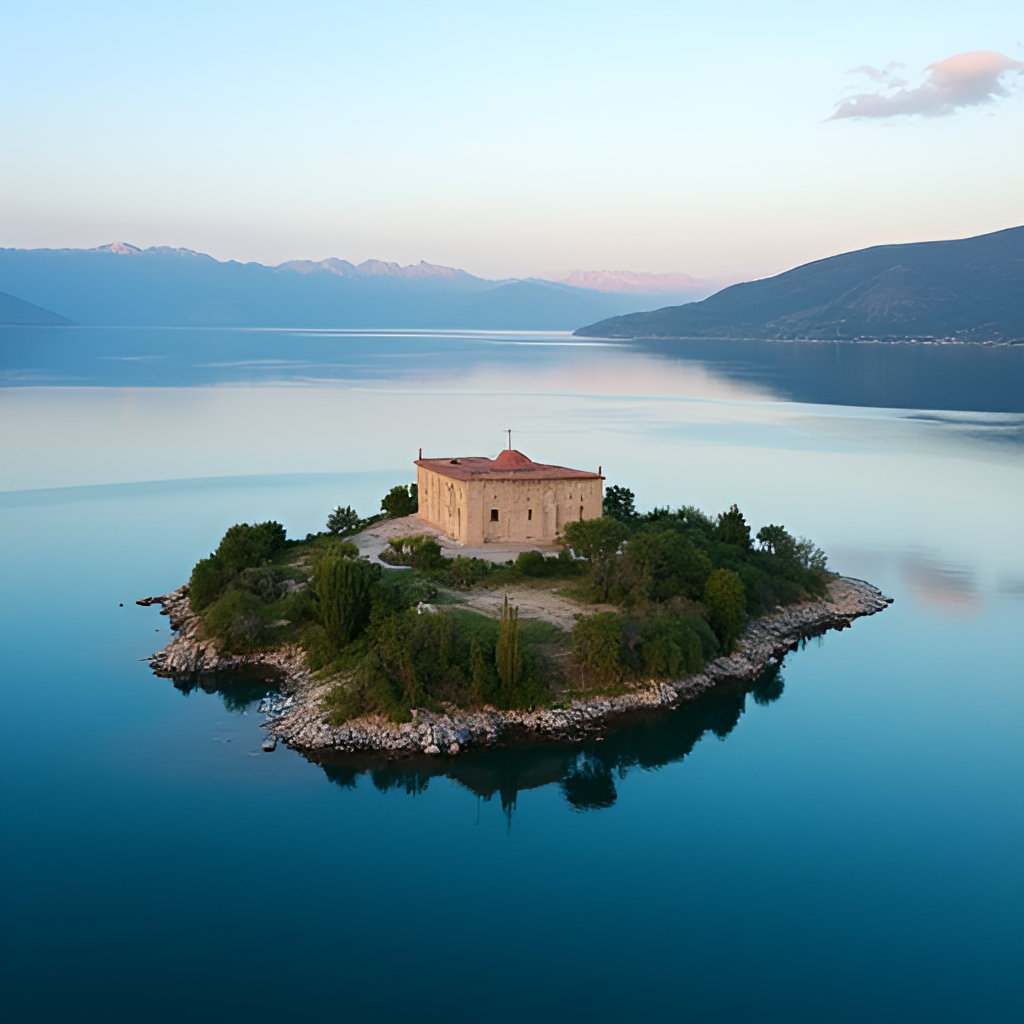 A serene aerial view of Lake Sevan at sunrise, with its clear blue waters reflecting the sky and surrounding green mountains. In the foreground, the ancient Sevanavank monastery is visible on its peninsula, highlighting the natural beauty and historical significance of the site.